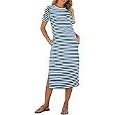 ANRABESS Womens Summer Casual Midi Dress Short Sleeve Crewneck T Shirt Long Dresses Split Stripe Beach Vacation Travel Outfit