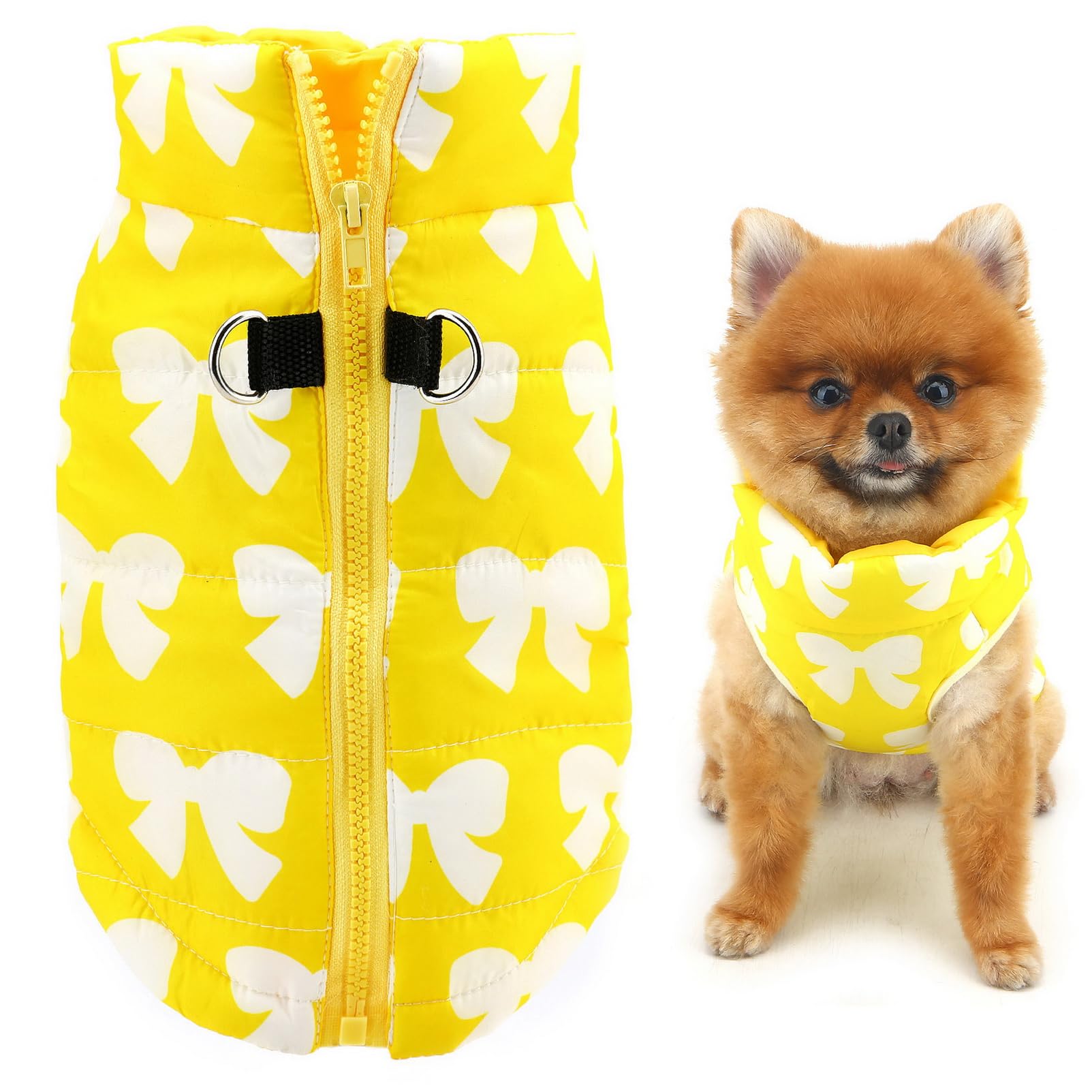 SMALLLEE_LUCKY_STORE Pet Water Resistant Winter Jacket Vest with D-ring for Small Dog Cat Zip-up Padded Puppy Coat Chihuahua Yorkie Kitten Warm Clothes, Yellow, XS — image 1