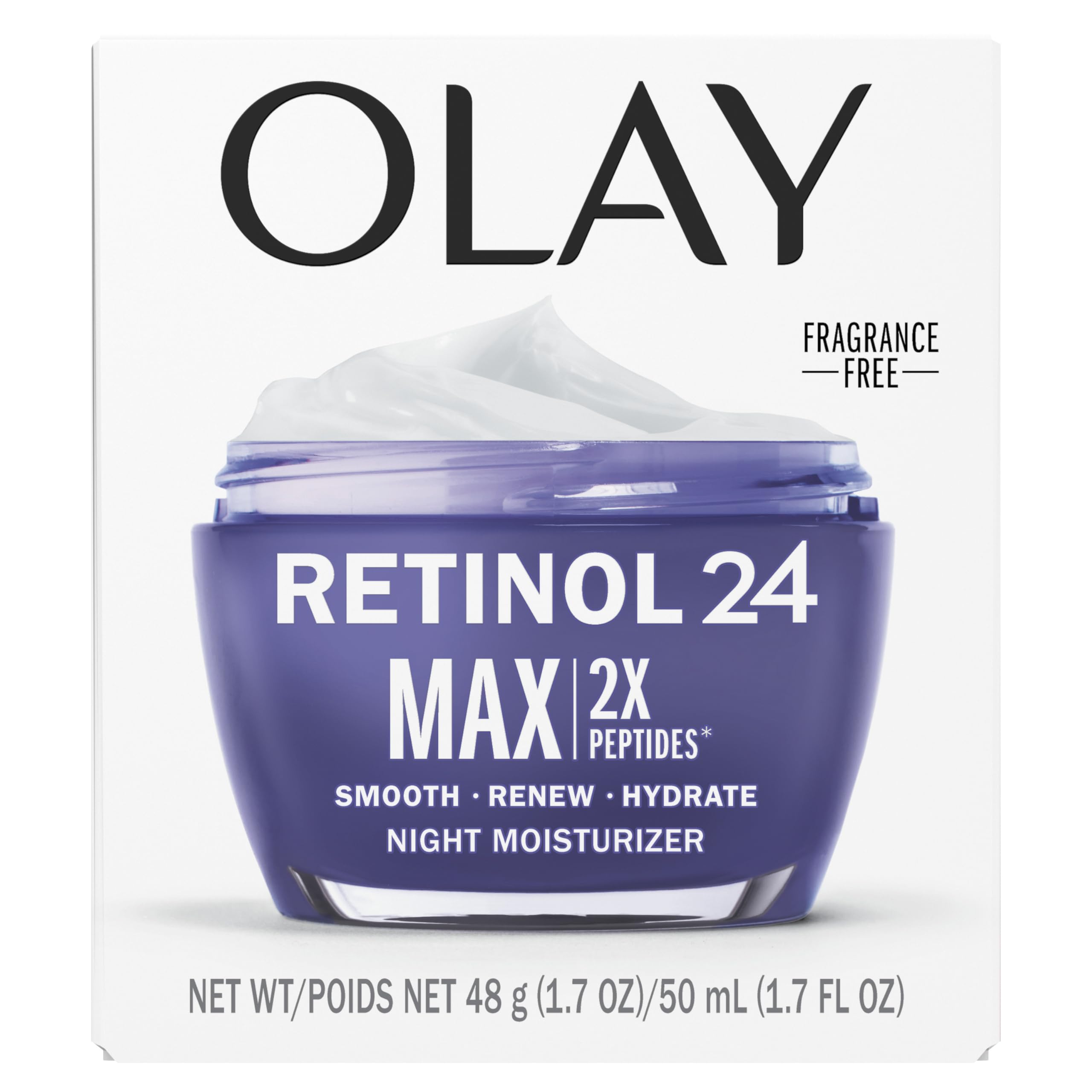 Olay Retinol Night Cream for Women, MAX, Anti-Aging Face Moisturizer, Fragrance-Free, Gift for Women, Non Greasy - Anti-Wrinkle, Hydrating Skin Care - Triple Collagen Cream, Niacinamide, 1.7oz