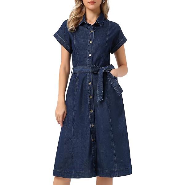 Allegra K Denim Dress for Women's Long Sleeve Button Down A-Line Belted  Classic Jean Dresses X-Small Black at Amazon Women's Clothing store