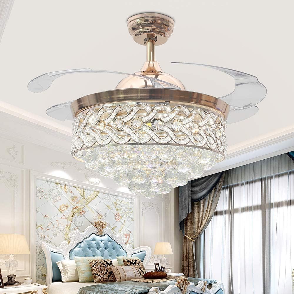 RS Lighting Crystal Invisible Ceiling Fan Light 42 Inch Remote Control 3 Gears Fan Speed Telescopic Ceiling Fan Lamp Silent and Cool Fan Chandelier for Living Room Dining Room (Gold)