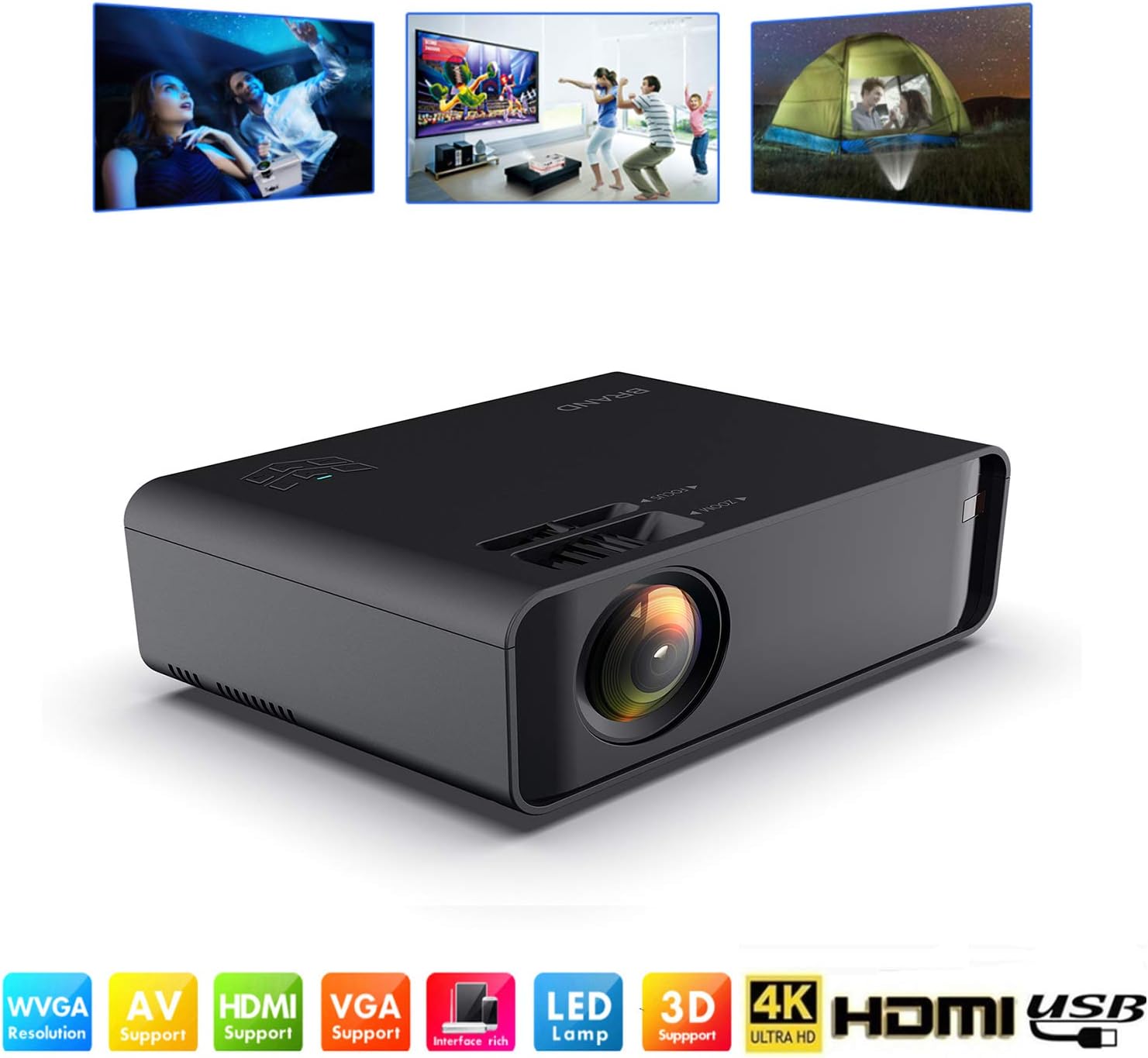 Mini projecteur WiFi sans Fil HDML/VGA/USB/SD/AV/TV,Noir,Normalversion