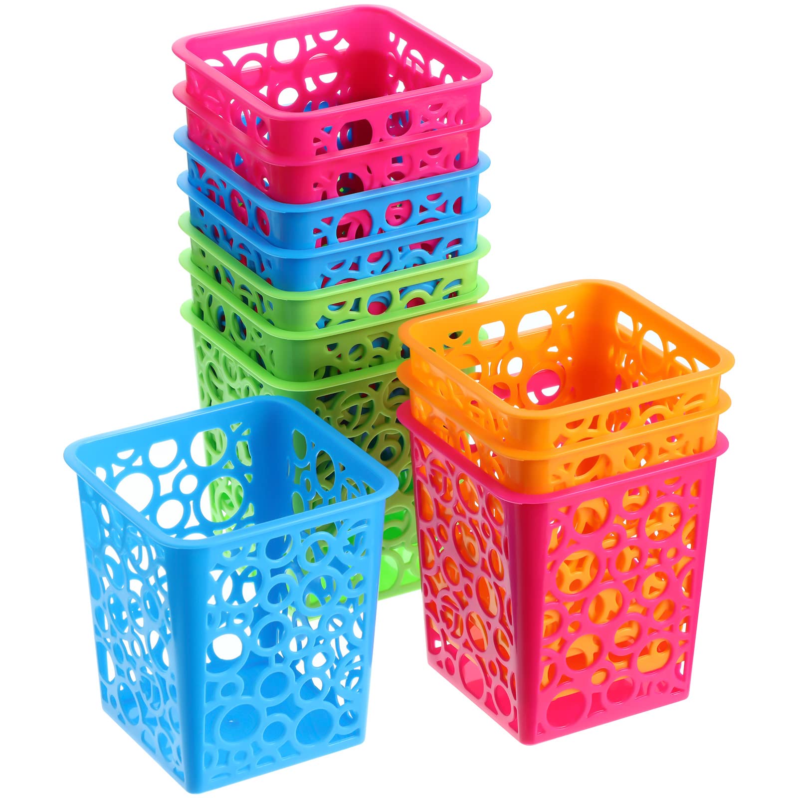 Photo 1 of 12 Pcs Desktop Pencil Holder Plastic Cups for Desk Hollow Square Classroom Pencil Baskets Office Storage Organizer for Kids Makeup Cosmetic Cup Home Classroom Drawer in 4 Bright Colors