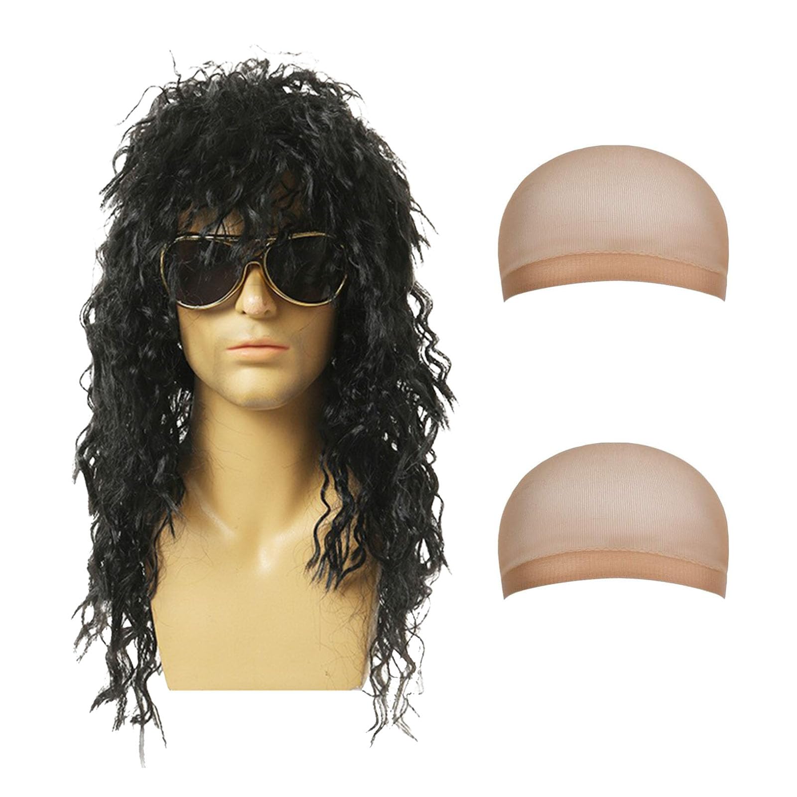 AYNKH 70s 80s Heavy Metal Disco Wig for Halloween Costumes - Rocking Dude, Hard Rocker, Rock Star Long Curly Black Costume Accessories - Vintage Rocker Style With 2 Caps