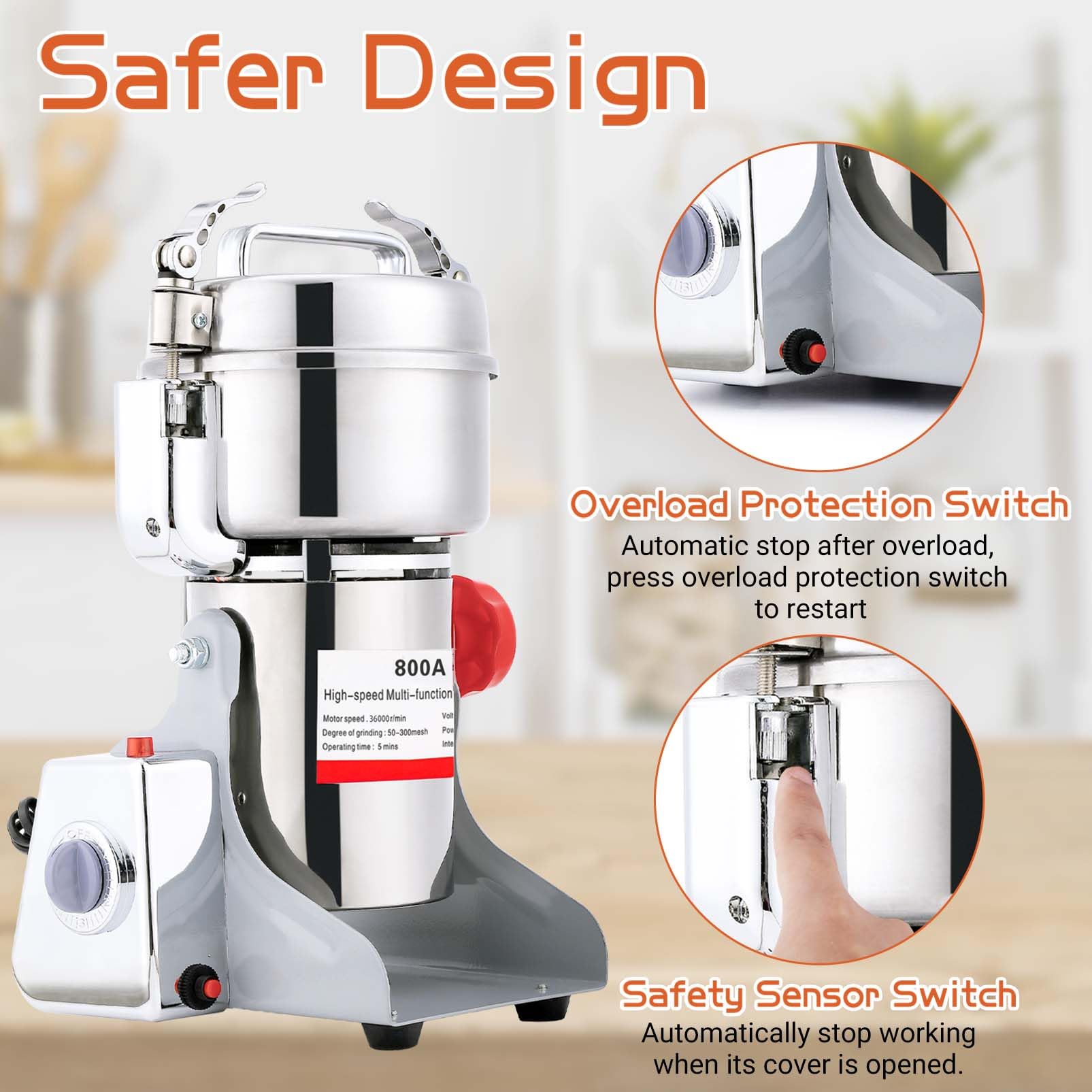 BI-DTOOL Electric Grain Mill Grinder 800g Stainless Steel Pulverizer 36000r/min High-speed Grain Mill 1800W Dry Material Grinding Machine 270° swingable Superfine powder for Home and Commercial