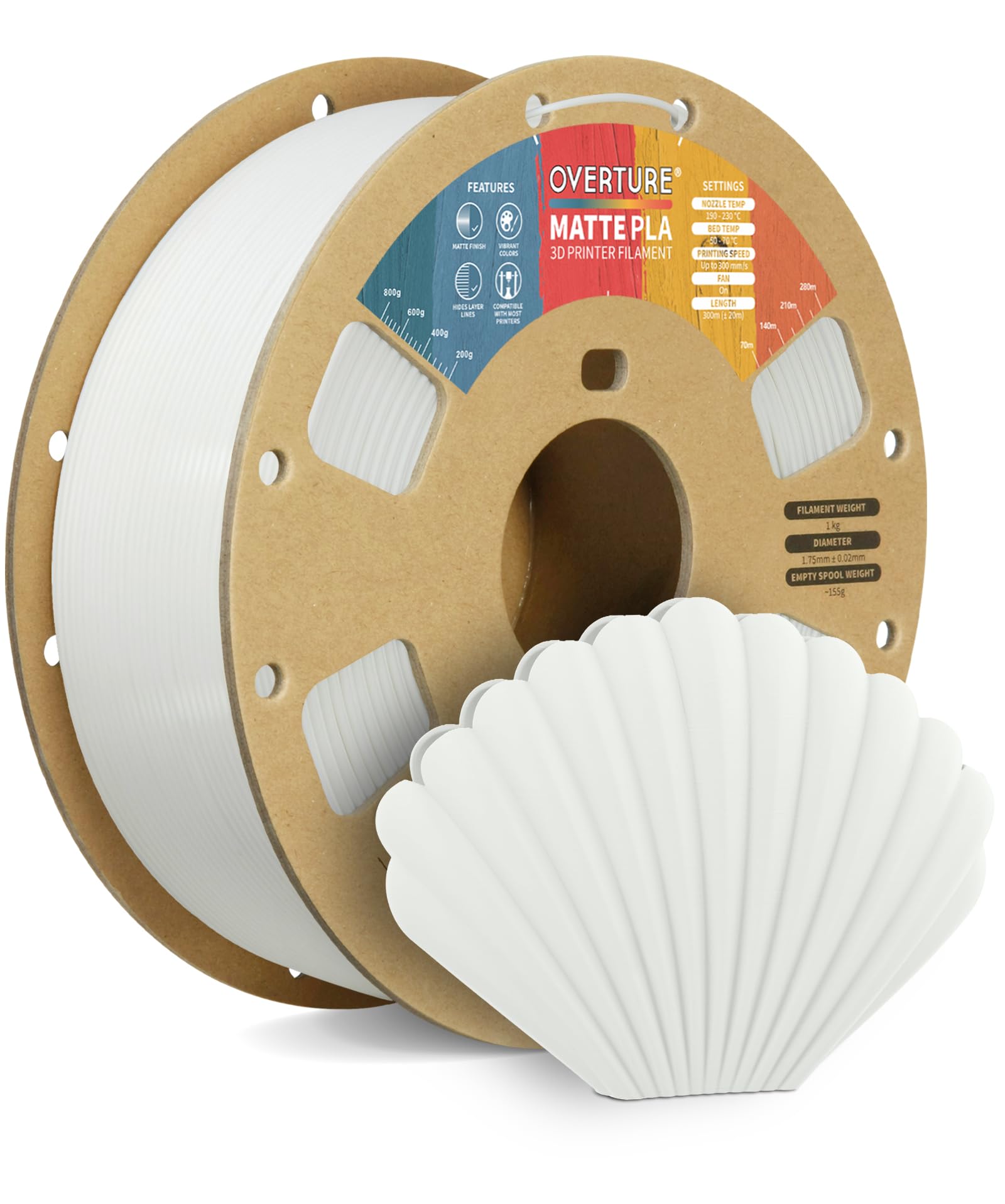 OVERTURE Matte PLA Filament 1.75mm, Easy to Print, PLA Matte 3D Printer Filament 1kg (2.2lbs), Cardboard Spool, Accuracy ± 0.02mm (Matte White)