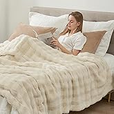 Cozy Bliss Fluffy Faux Fur Blanket King Size for Bed, Fuzzy Soft Striped Plush Blanket, Thick Throw for Bedroom Couch Gift, 108x90 Inches Cream White