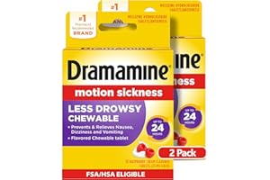 Dramamine Chewable Less Drowsy, Motion Sickness Relief, Raspberry Cream Flavor, 12 Count, 2 Pack