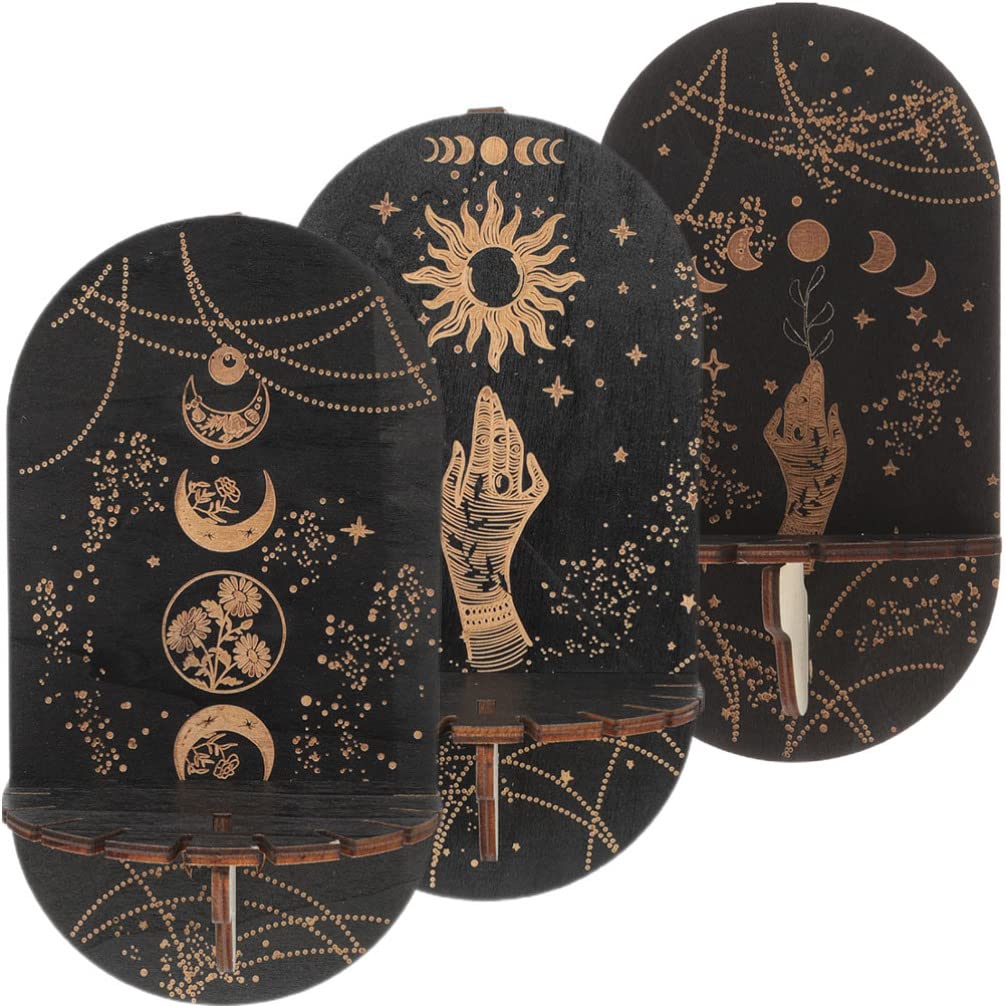 3pcs Crystal Wall Shelf Wood Wall-Mounted Crystal Display Moon Stand Moon Sun Healing Stones Holder Witchy for Women