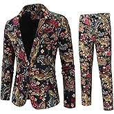 Cloudstyle Mens 2 Piece Print Suit Floral Party Dress Jacket Slim 2 Button Blazer Pants