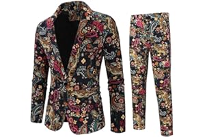 Cloudstyle Mens 2 Piece Print Suit Floral Party Dress Jacket Slim 2 Button Blazer Pants