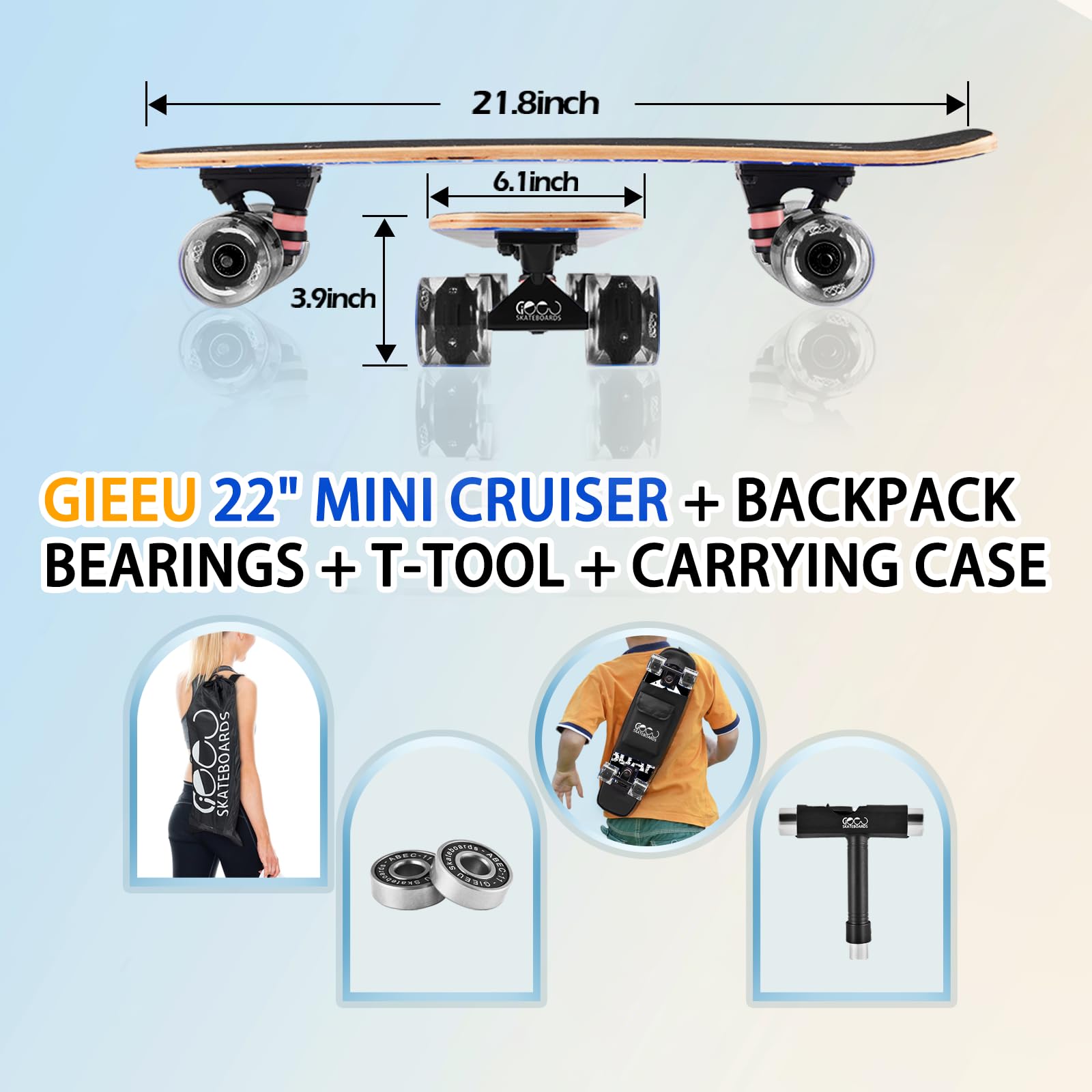 GIEEU Skateboards with Colorful Flashing Wheels for Beginners,Kids,Teens,Adults, Complete Standard Skate Boards 9 Layer Canadian Maple Deck Concave Skateboard