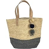 MAR Y SOL Montauk Large Raffia Tote, Crocheted Colorblock Bucket Bag for Women, Sustainable Carryall with Leather Handles