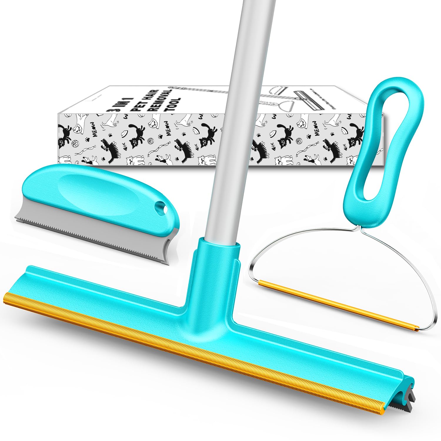 Photo 1 of Carpet Rake for Pet Hair Removal (3 Pack), Dog Cat Fur Remover Rubber Broom, Lint Shaver Cleaner Tools Pro, Long Handle Carpet Scraper Brush for Carpet, Rug, Car Mat, Couch, Pet Bed, Furniture