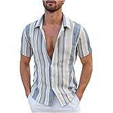 RoseSeek Men's Striped Button Down Shirts Short Sleeve Beach Holiday Collared Shirt Casual Tops