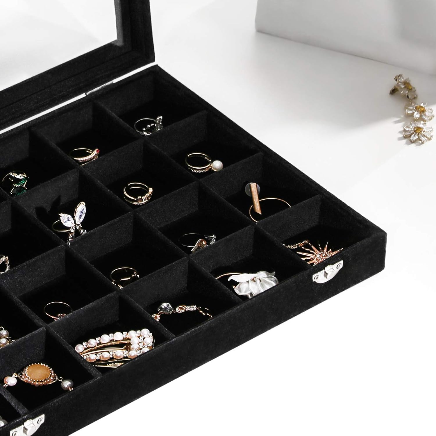 SONGMICS Jewelry Box Display Case with a Clear Glass Window and 24 Compartments, Black: Furniture & Decor