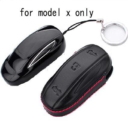 Royalfox Genuine 3 Buttons Leather Key Fob Case Cover For Tesla Model X Car Remote Key Pouch Bag With Key Rings Kit Keychain Holder Metal Hook Black