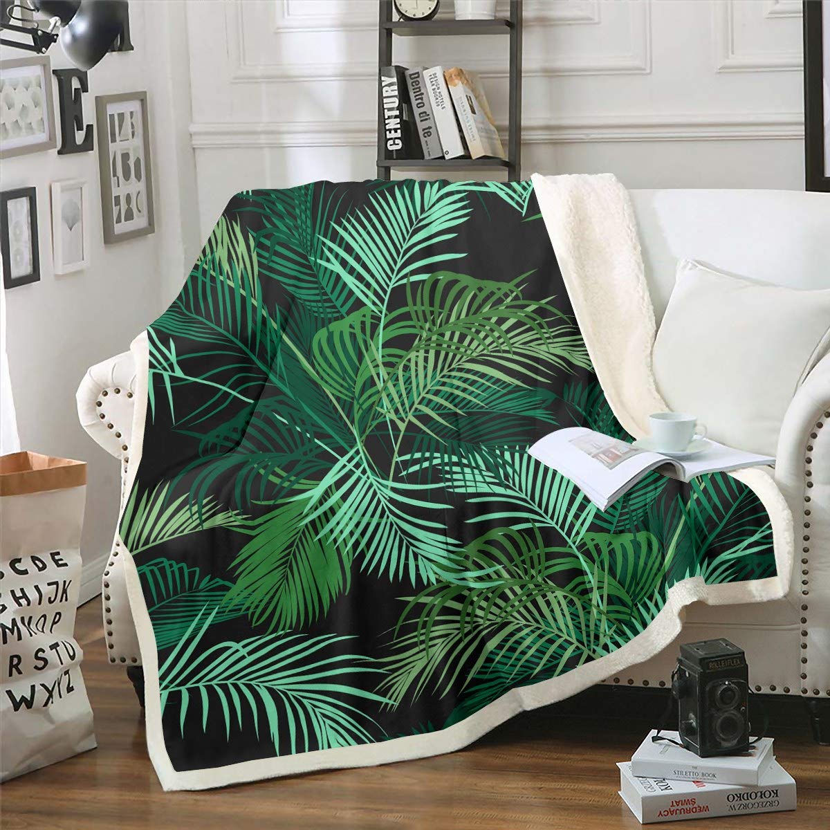 Leaf Sherpa Blanket Palm Tree Fleece Throw Blanket for Kids Boys Girls Green Tropical Leaves Home Decoration Plush Blanket Botanical Fuzzy Blanket for Sofa Bed Couch,Single 50x60 Inch