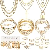 ZOVOLI 57 Pcs Gold Jewelry Set for Women,12 Pair Hoop Earrings，18 Pair Round Stud Earrings,21 Pcs Stackable Knuckle Rings,6 Pcs MultiLayer Pendant Necklaces，Fashion Accessories for women Gifts