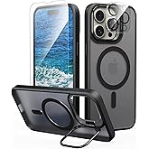 IDweel for iPhone 14 Pro Max Case with Screen Protector & Camera Lens Protector,Compatible with MagSafe,Built-in Camera Stash Stand,Magnetic Hard Back Soft Edge Anti-Fingerprint Flexible Cover,Black