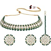Aheli Traditional Kundan Choker Necklace with Stud Earrings and Maang Tikka Ethnic Bharatanatyam jewellery set Gift for Women