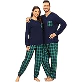 SWOMOG Couple Matching Pajamas Plaid Long Sleeve Christmas Pjs for Men and Women Soft Warm Loungewear with Pocket