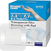 HTLARY Waterproof Transparent Film Dressing with Absorbent Pad 50-Pack Sterile Adhesive Bandages Post-Surgical Wound Cover, Protective Barrier for Sensitive Skin (2.3‘’x2.7‘’)