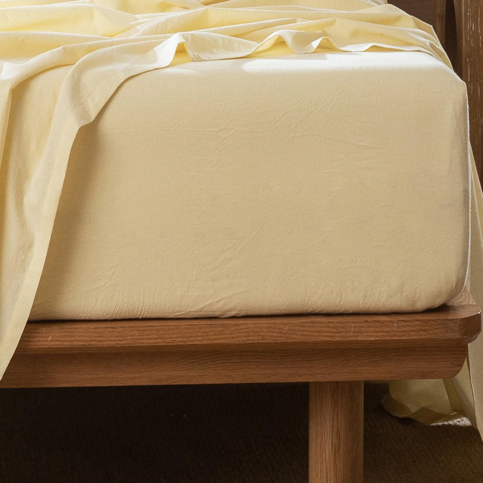 Photo 1 of MooMee Fitted Bottom Sheet Only 100% Washed Cotton Linen Like Textured Breathable Durable Soft Comfy Deep Pocket Fits Mattress up to 17" (Heathered Butter Yellow, Queen)