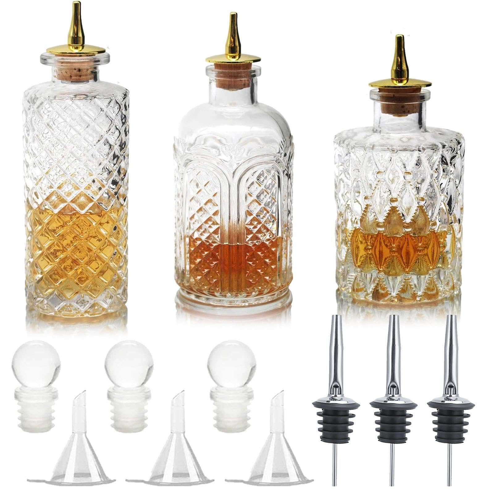 Bitters Bottle Set of 3 Vintage Glass Dasher Bottle Cocktail Mixing Glass Bottles With Cork Stainless Steel Dash Top, Antique Professional Home Bar Restaurantware Kitchen Gift
