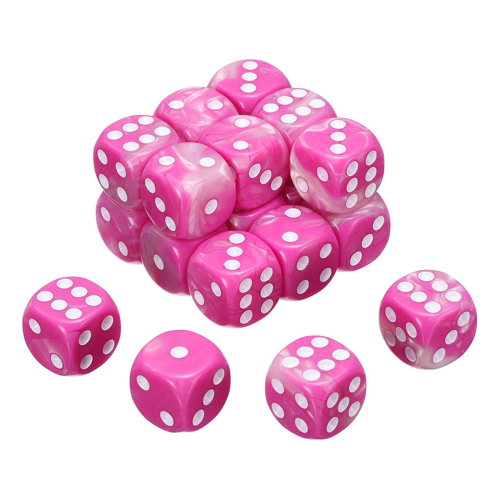 sourcing map 24Pcs 6 Sided Colored Standard Dice, 16mm Acrylic D6 Mini Polyhedral Pearl Pattern Two Tone Colors Game Dice Set for Table Games, Rose Red/White, White Point
