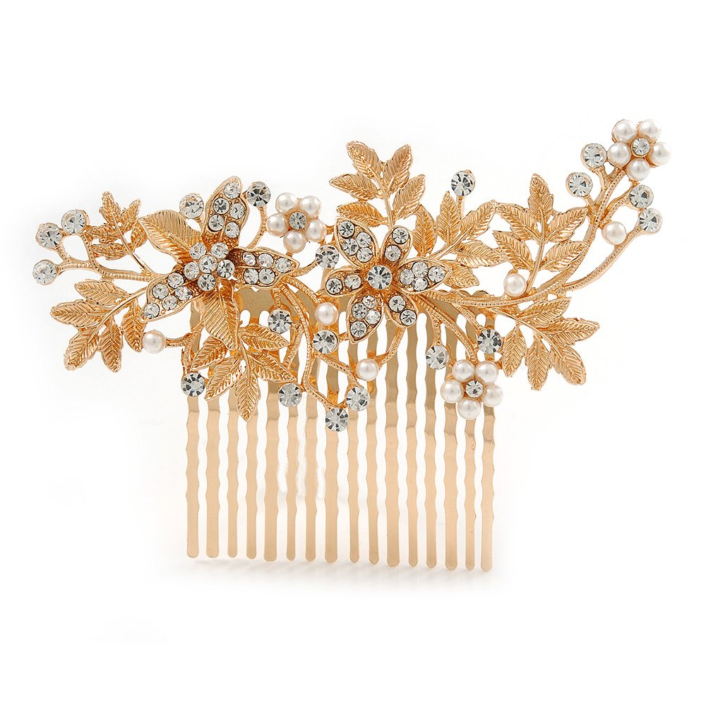 Large Bridal/Wedding/Prom/Party Rose Gold Tone Clear Crystal, Simulated Pearl Floral Hair Comb - 10.5cm