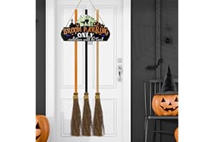 ERTIUANIO Halloween Decorations Indoor & Outdoor - Witch Broom Parking Sign with 3 Wood Brooms - Hanging Hocus Pocus Decor - Cute Halloween Decor for Front Porch Door Wall Home Office