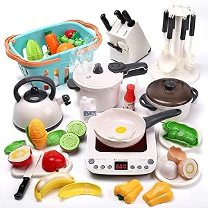CUTE STONE Kitchen Play Toy with Cookware Playset Steam Pressure Pot and Electronic Induction Cooktop,Cooking Utensils,Toy Cutlery,Cut Play Food,Shopping Basket Learning Gift for Girls Boys Kids