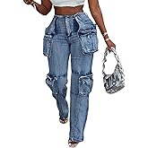 Women's Novelty Fashion Zip Side Slit High Waist Denim Jeans Pants with Multi Pockets