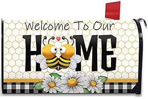 FBCOO Welcome to Our Home Bumble Bee Spring Mailbox Cover Magnetic Standard Size 21" x 19", Daisy Flower Decorative Post Letter Box Wrap Decor Buffalo Plaid Check Summer Garden Yard Outdoor Decoration