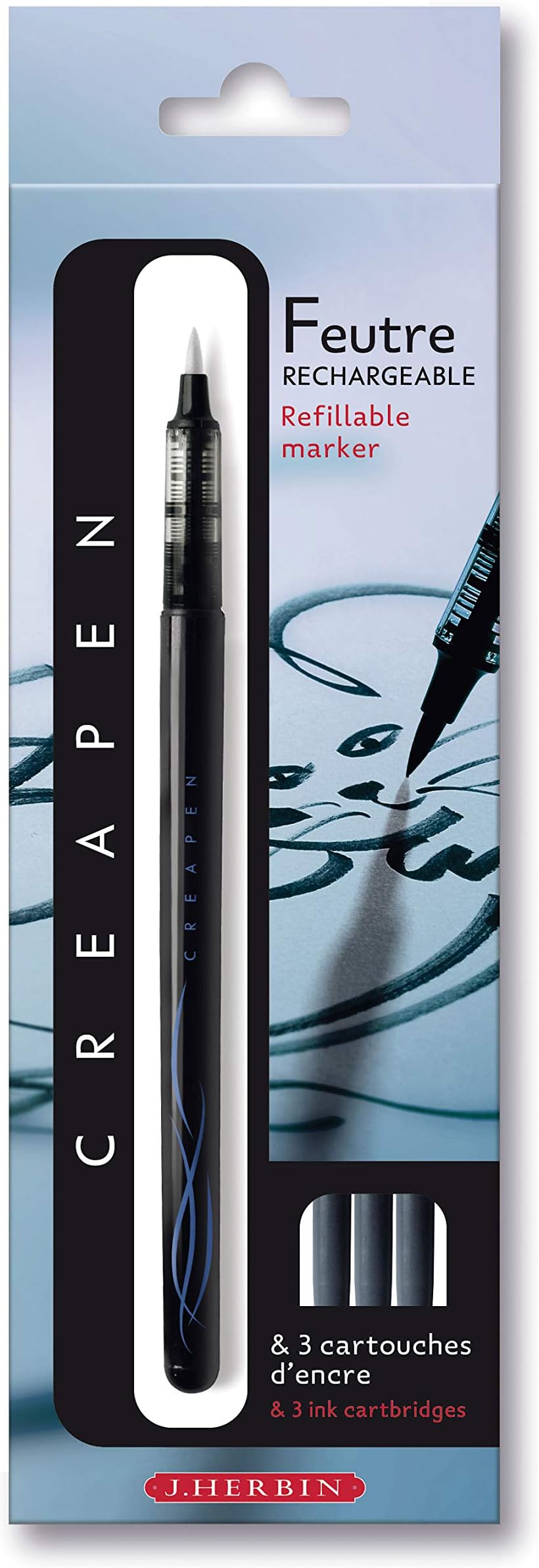 Herbin 20520T - Créapen Refillable Marker For Drawing and Writing, 3 Black Ink Cartridges and Instructions