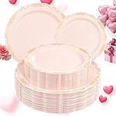 DaYammi 60 PCS Pink Gold Plastic Plates, Pink Disposable Plates with Gold Rim Include: 30 Dinner Plate, 30 Dessert Plate for Party, pink plastic plates with Vintage lace for Wedding