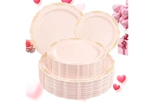 DaYammi 60 PCS Pink Gold Plastic Plates, Pink Disposable Plates with Gold Rim Include: 30 Dinner Plate, 30 Dessert Plate for 