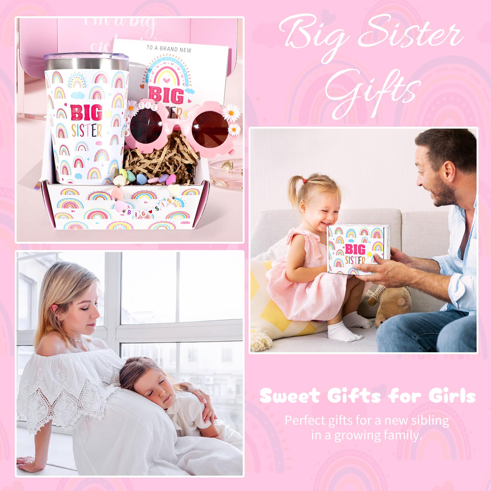 iAOVUEBY Big Sister Gifts for Girls, 3PCS Big Sister Gift Includes 12 oz Pink Tumbler Cup Sunglasses Bracelet Sibling Gift From New Baby, Big Sister Announcement Gifts for Girls Age 2-8