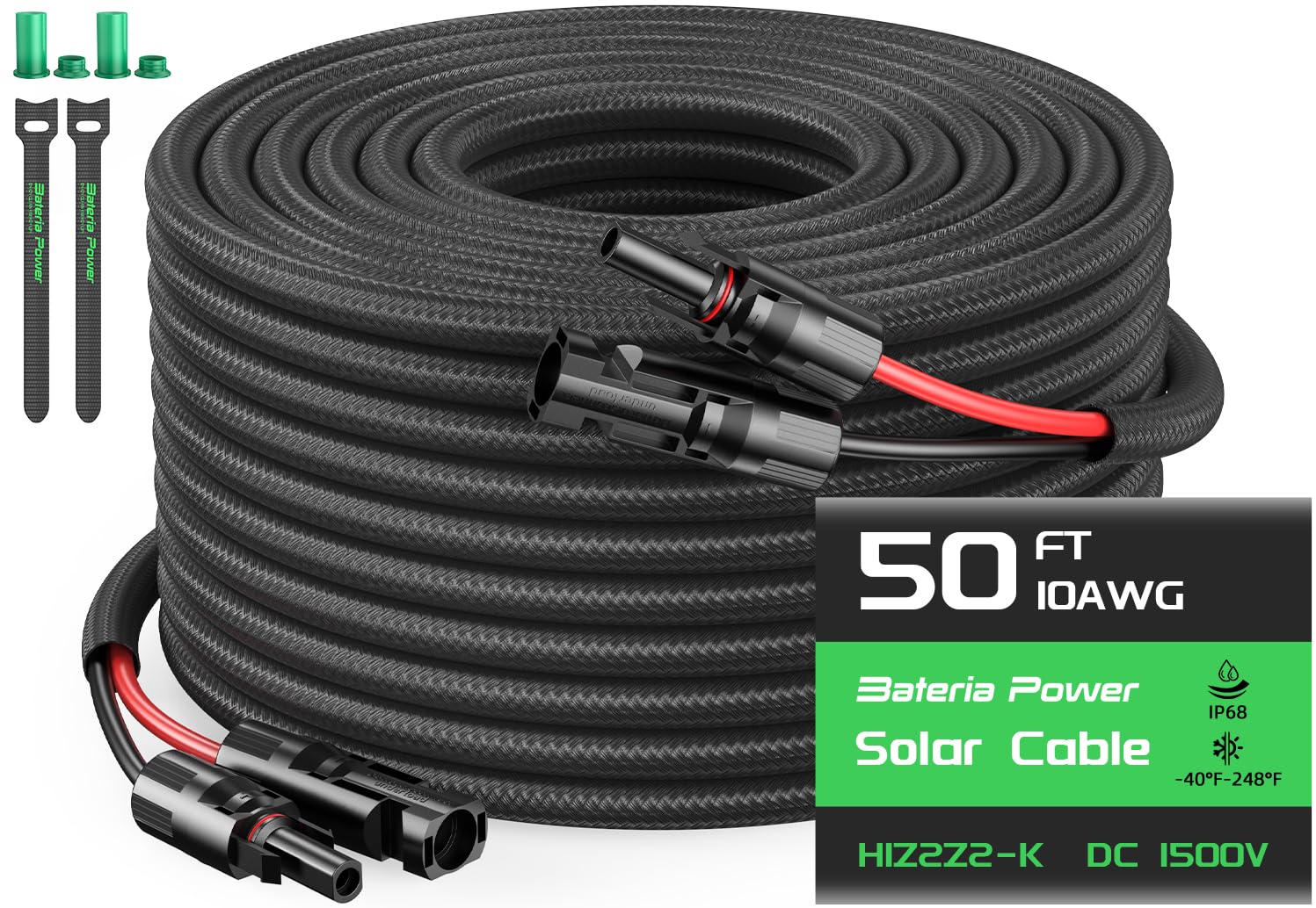 Photo 1 of Bateria Power 1 Pair 50FT Solar Cables, 10 Gauge Solar Extension Cable with IP68 Female & Male Waterproof Connectors and Dust Caps for RV, Photovoltaic Systems