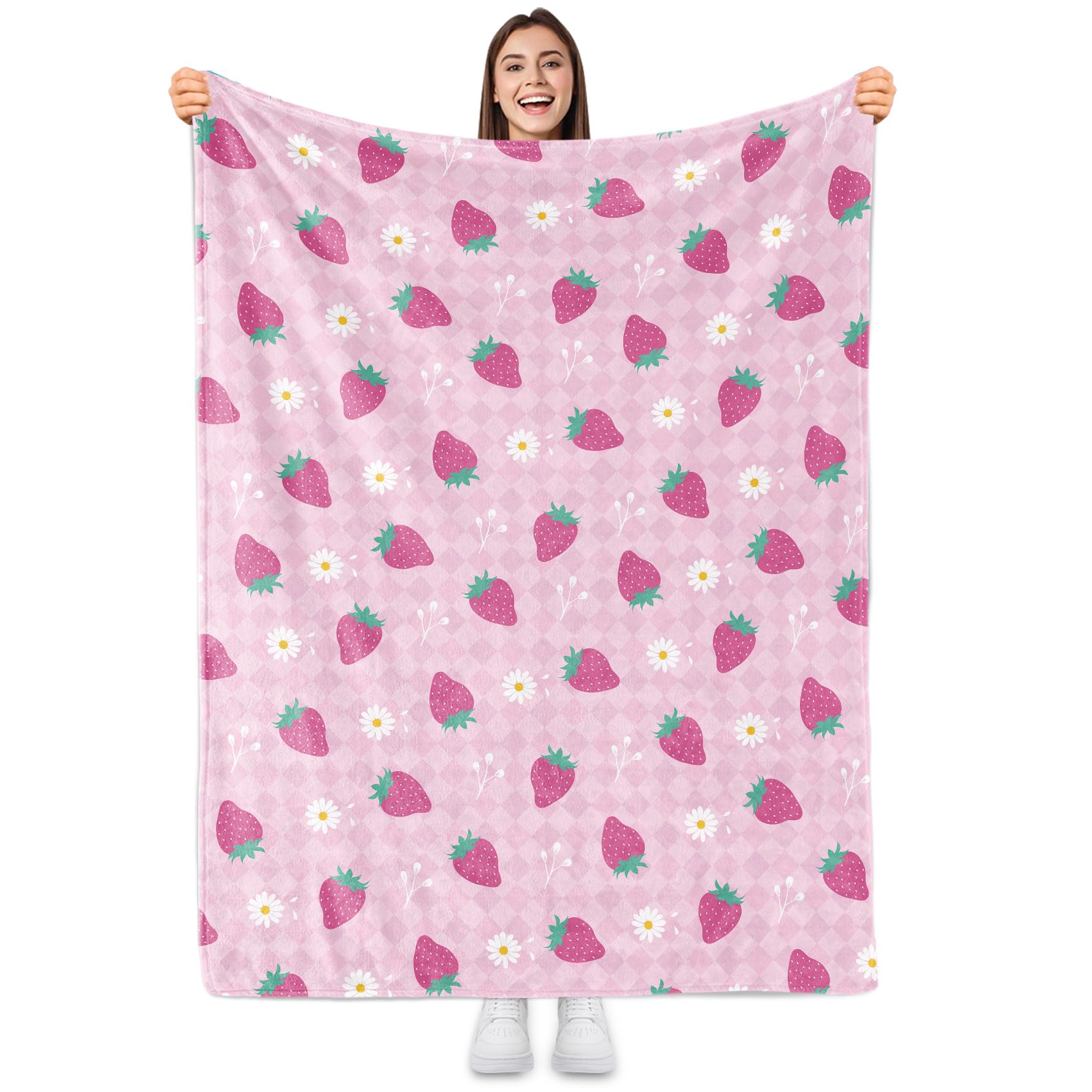 Sowide Strawberry Blanket, Pink Checkered Blanket Throw Gift for Baby Girl, Soft Lightweight Strawberry Flower Flannel Blanket, Cozy Fleece Blanket Stuff for Kids, Couch, Bedroom, Living Room, 50"x60"
