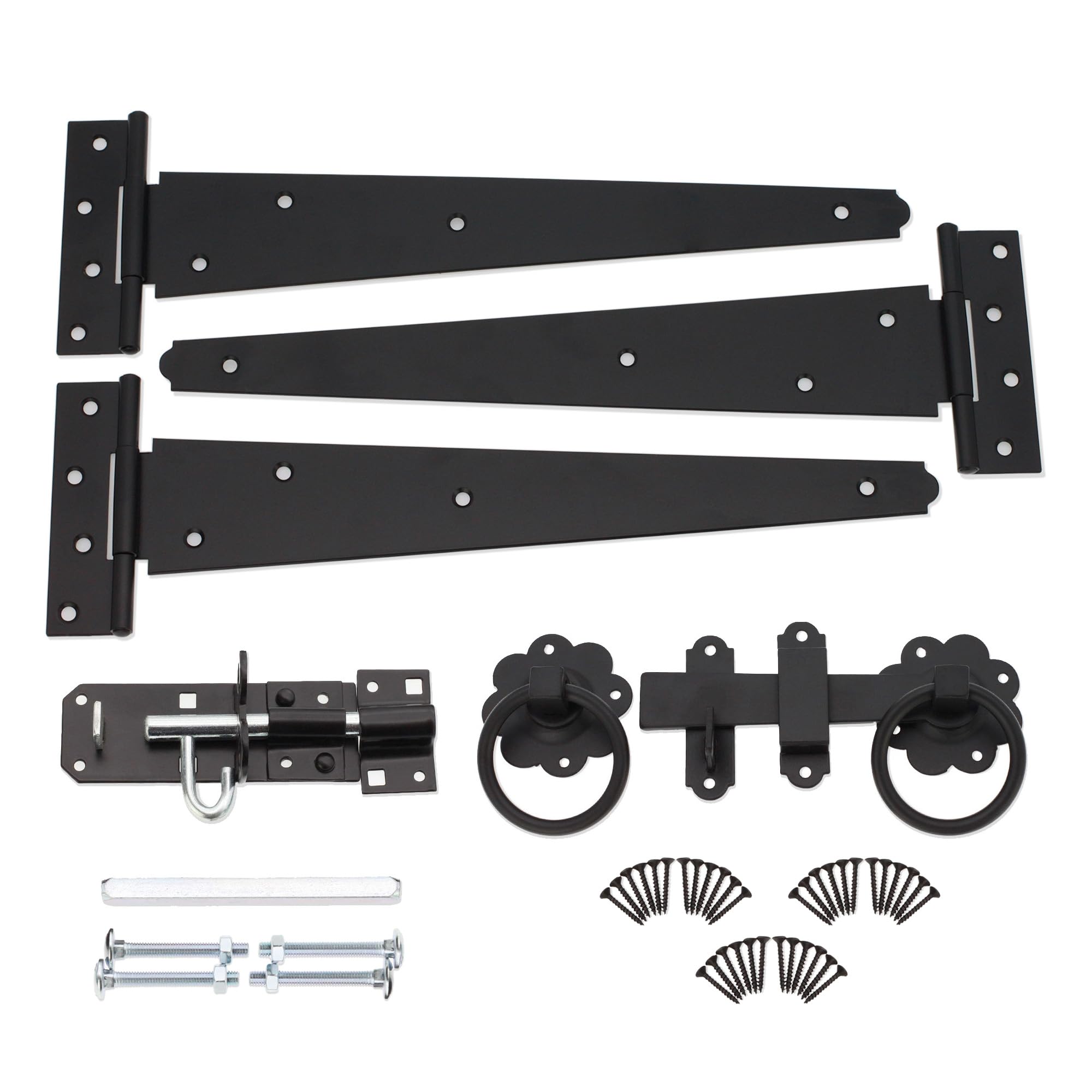 Infinity Decor 14” Tee Hinges (3) Garden Gate kit Plain Ring Latch and Brenton Bolt Wooden Gate Fittings Kit Epoxy Black - for Barn, Shed Doors, Garage Gate