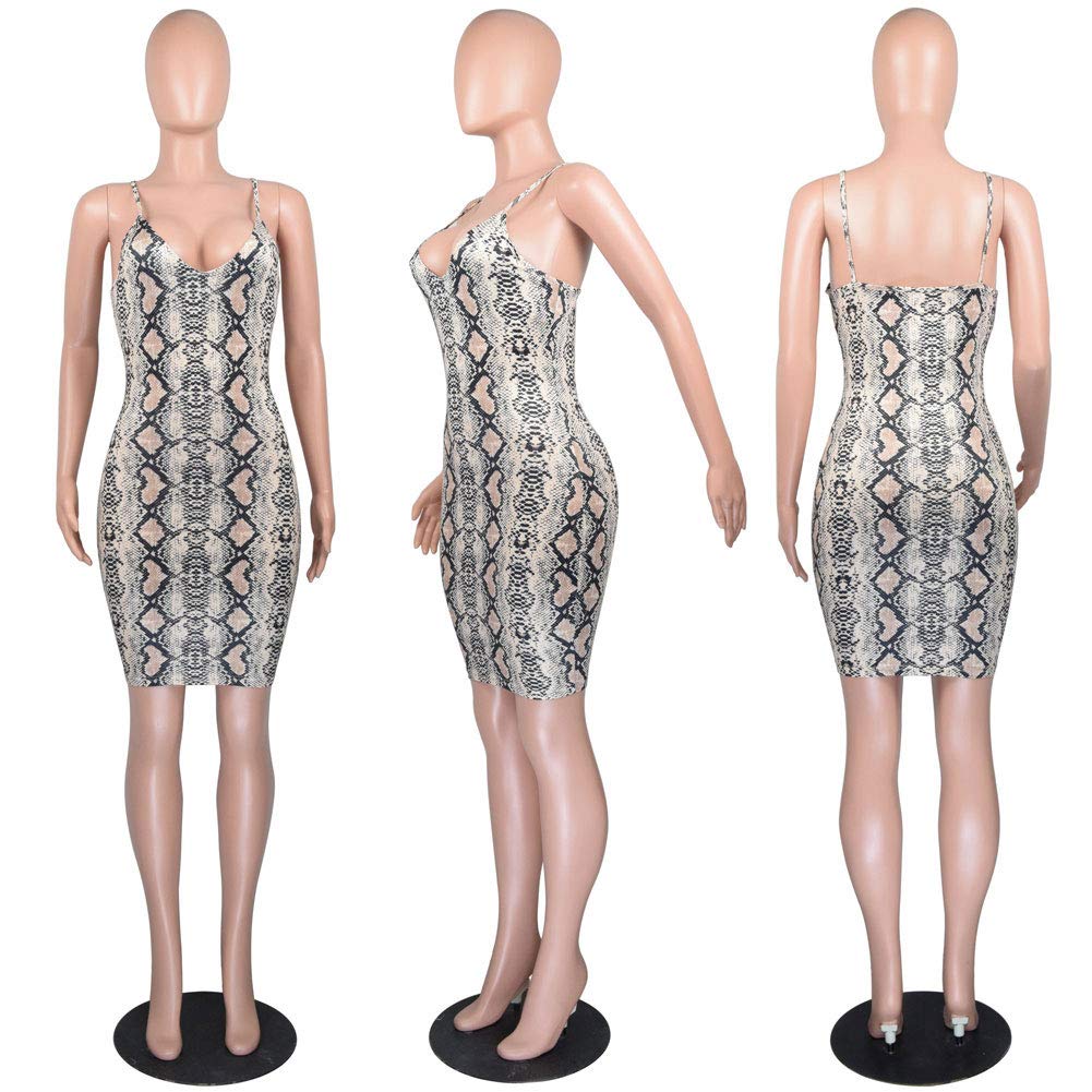 Womens Snakeskin Bodycon Dress - Sexy Spaghetti Straps Deep v Dress Party Clubwear Dresses Brown