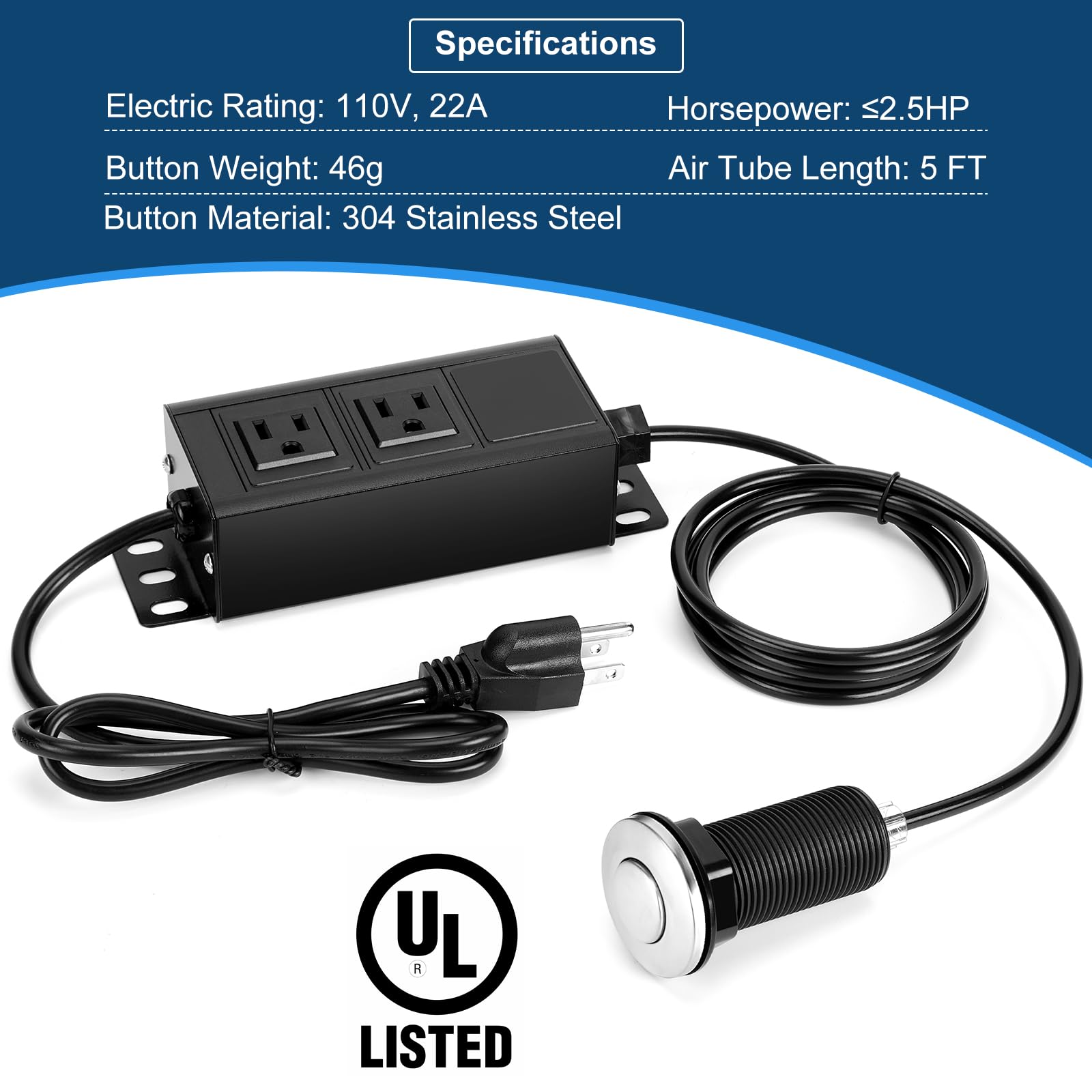 Dual Outlet Garbage Disposal Air Switch Kit, UL Listed Sink Top Air Switch for Food Waste Disposal, 3.58” Extra Long Air Button, Brushed Stainless Steel