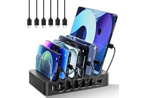 CLEVER BRIGHT Charging Station for Multiple Devices 68W 6 Port Phone Charger Dock with 6 Cables, 20W Black Fast Charging Station Compatible with Apple Cellphone iPad iPhone Tablet(Black)