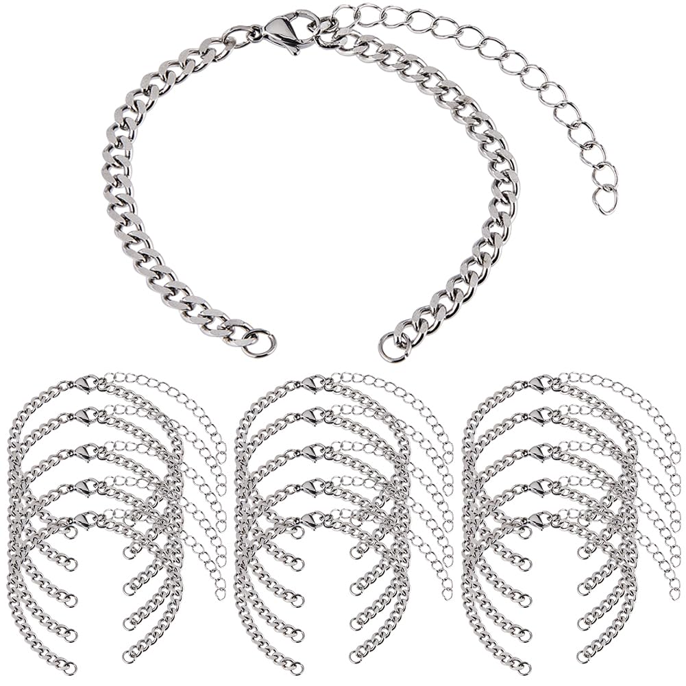 SUNNYCLUE 1 Box 16Pcs Stainless Steel Bracelet Chains Adjustable Slider Chain Bracelets Bulk with Lobster Clasp Metal Silver Extension for jewellery Making DIY Women Men Crafts