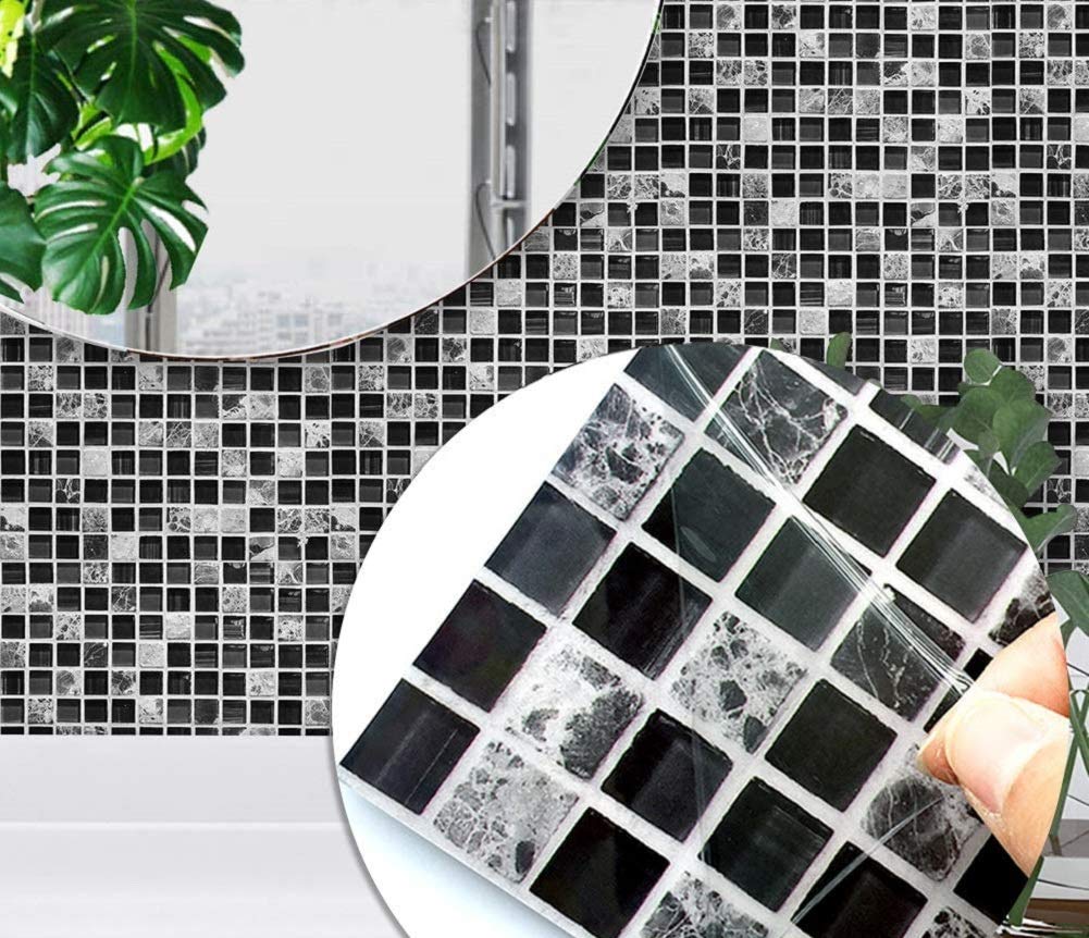 HFTJ Wall Tile Stickers, Black Grey Marble Stone Effect Mosaic Tile Stickers for Bathroom Kitchen, Self-Adhesive Square Waterproof Oil-Proof Wall Art Stickers 20 Pieces 4" x 4"(10cm x10cm)