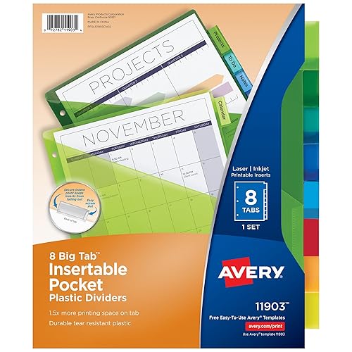 Avery Dividers for 3 Ring Binders, 8-Tab Plastic Binder Dividers, Pockets, Insertable Big Tabs, Multicolor, Extend Beyond Sheet Protectors (24 Sets of 11903)