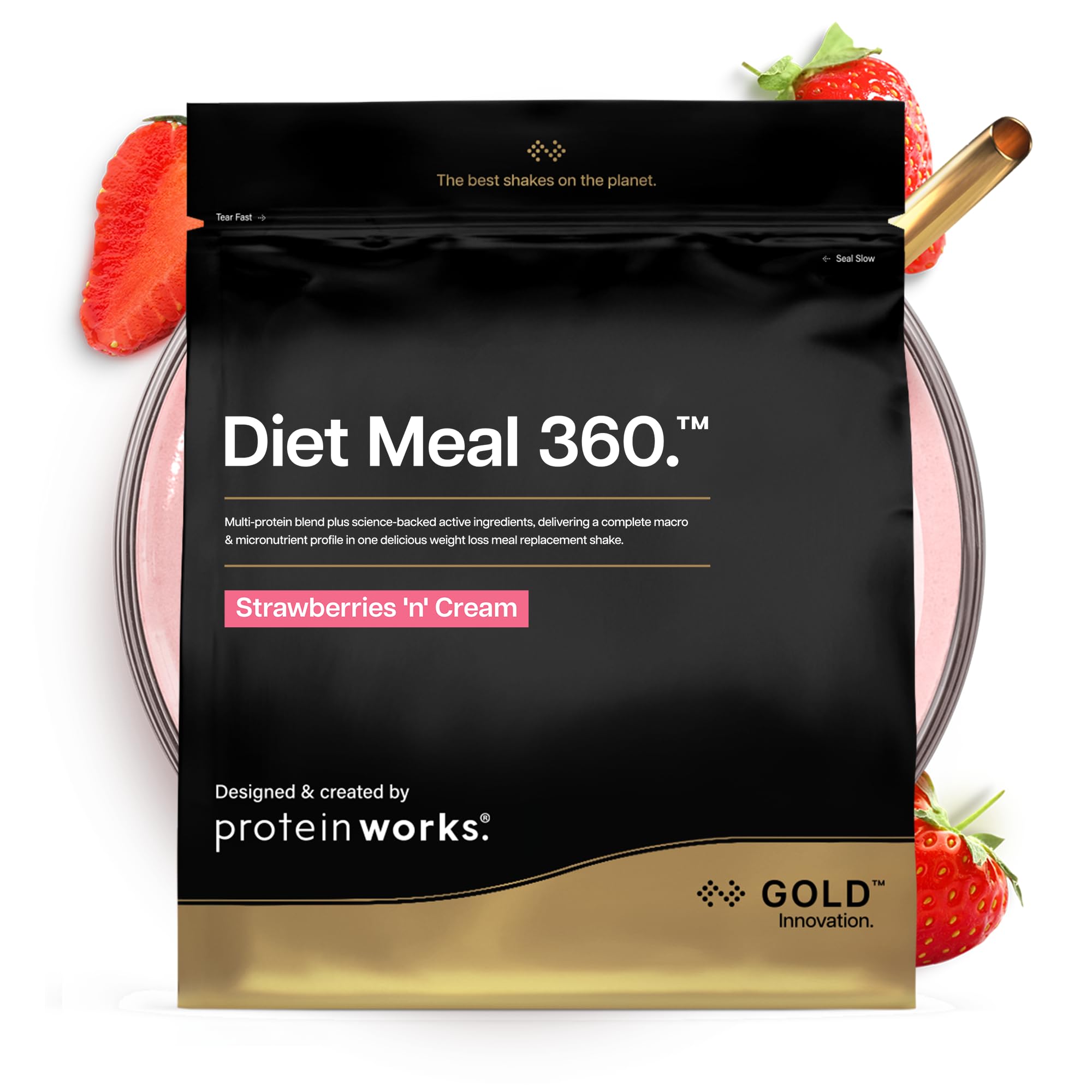 Protein Works | Diet Meal 360 - GOLD Innovation, Diet Meal Replacement Shake, Supports Weight Loss, 24 Vitamins & Minerals, Added Flaxseed, Inulin, Omega 3, Strawberries 'n' Cream, 7 Meals, 500g — image 1