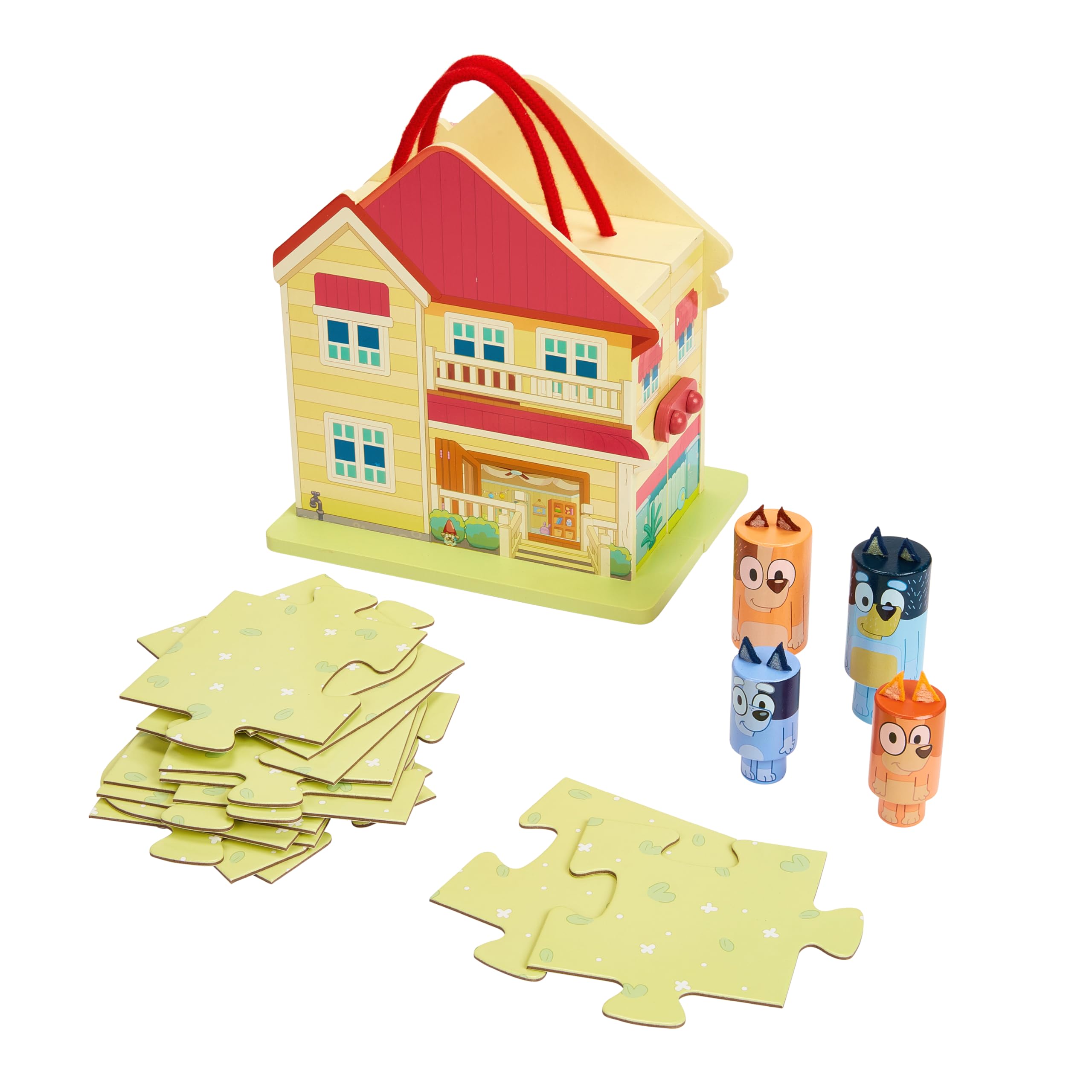 BLUEY – Wooden Carry Along House - Indoor & Outdoor Play, 22 Pieces Including 6 Characters & 15 Piece Puzzle Mat - Portable Activity Set for Kids 3 Years and Up – 23cm Tall & FSC Certified